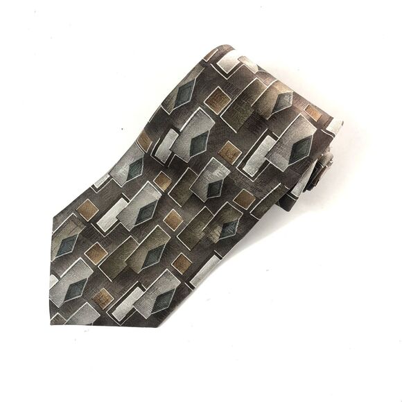 Vintage Pierre Cardin Tie Geometric Abstract Brown Gray Diamond Square Silk - Picture 1 of 9